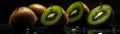 Kiwis With Droplets Standing On Black Background Wide Panoramic. Generative AI