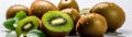 Kiwis With Droplets Standing On White Background Wide Panoramic. Generative AI