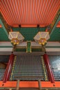 Kiyomizu-dera Temple Complex front wide angle view of colorful Amida-do Hall, Hanging golden Hishidoro lamps