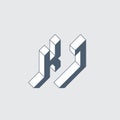 KJ - 2-letter code. K and J - Monogram or logotype. Isometric 3d font for design. Three-dimension letters