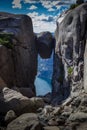 Kjerag boulder hanging rock (Kjeragbolten), famous place in Norway