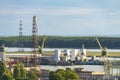 Klaipeda, Lithuania - August 03, 2021: Aerial panoramic view to Klaipeda port with ships, ferries, cranes. Klaipeda is