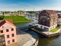 KLAIPEDA, LITHUANIA - AUGUST 9, 2020: Aerial view of beautiful yachts by the pier in the yacht club in Klaipeda, Lithuania. Royalty Free Stock Photo