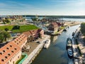 KLAIPEDA, LITHUANIA - AUGUST 9, 2020: Aerial view of beautiful yachts by the pier in the yacht club in Klaipeda, Lithuania. Royalty Free Stock Photo