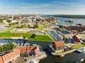 KLAIPEDA, LITHUANIA - AUGUST 9, 2020: Aerial view of beautiful yachts by the pier in the yacht club in Klaipeda, Lithuania. Royalty Free Stock Photo