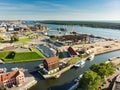 KLAIPEDA, LITHUANIA - AUGUST 9, 2020: Aerial view of beautiful yachts by the pier in the yacht club in Klaipeda, Lithuania.