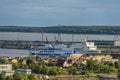 Klaipeda, Lithuania - August 03, 2021:Klaipeda seaport with ships, ferries, cranes. TT - Line shipping company cargo