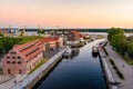 KLAIPEDA, LITHUANIA - JUNE 2022: Scenic aerial view of the Old town of Klaipeda, Lithuania, in golden evening light. Klaipeda city Royalty Free Stock Photo