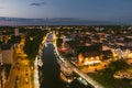 KLAIPEDA, LITHUANIA - JUNE 2022: Scenic aerial view of the Old town of Klaipeda, Lithuania, at nighttime. Klaipeda city port area