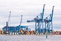 Cranes and containers at the port of Klaipeda, seaport located in Klaipeda, Lithuania, Baltic Sea