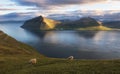 Klakkur peak, Faroe Islands, Denmark, Europe. Colorful evening seascape of Atlantic Ocean