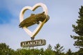 KLAMATH, CALIFORNIA: Welcome sign for Klamath California, shows a heart with a fish. The small town of Klamath is