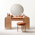 Realistic Vanity Table With Circular Mirror And Tan Leather Lounge Chair