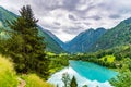 Klamsee - mountain water reservoir above Kaprun town with bright turquoise blue water, Austria Royalty Free Stock Photo