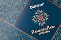 Klang, Malaysia: April 25, 2022- Dunkin` Donuts paper box Ramadan Raya design edition