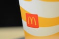 Klang, Malaysia: June 30, 2023- Close up view of McDonalds paper drink cup