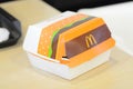 Klang, Malaysia: June 30, 2023- Close up view of Paper box for McDonald Double Big Mac