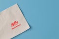 Klang, Malaysia: March 13, 2022- Marrybrown tissue paper isolated on a blue background