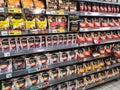 Klang,Malaysia - 30 November 2021 : Aisle view of NESCAFE instant coffee packages for sell in the supermarket