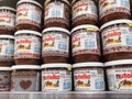 Klang, Malaysia - 26 November 2020 : New Jars of Nutella Ferrero on the supermarket shelf.