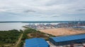 Klang, Malaysia - October 09, 2022: Cranes at the port Klang near Kuala Lumpur. Container crane at Klang Harbor. Aerial view on a Royalty Free Stock Photo