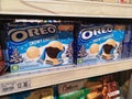 Klang,Malaysia - 30 October 2021 : Displayed of OREO Snowy Enrobed Sandwich Cookies Flavour for sell on the supermarket shelf.