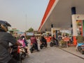 Klaten, Indonesia - July 19th, 2022. Antrian Sepeda motor at SPBU or Queue of motorbike at gas station.