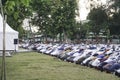 Klaten, Indonesia - June 29 2023: A photo of Muslim congregation praying Eid al-Adha in the field