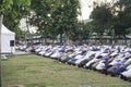 Klaten, Indonesia - June 29 2023: A photo of Muslim congregation praying Eid al-Adha in the field