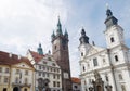 Klatovy city main square Black tower and church with catacombs, Czech