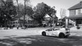 Kleinburg, Ontario, Canada - 06 02 2019: Summer evening on Islington Avenue with white Lamborghini Huracan EVO Spyder