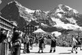 Brassband playing at Kleine Scheidegg in front of the MÃÂ¶nch, Jungfrau panorama during the Jungfrau Marathon