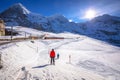 Kleine Scheidegg ski area and Eigergletscher alpine railway to Jungrafujoch peak view Royalty Free Stock Photo