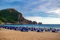 Kleopatra beach in Alanya Turkey. View of the rocky peninsula with Alanya Castle on the top of the mountain from the