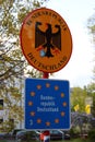 Klingenthal, Germany - May 22, 2023: Border sign at German-Czech border in Klingenthal, a village in Vogtland region of Saxony