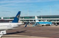 KLM and Air Astana Planes in Schiphol Airport Royalty Free Stock Photo