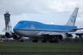 KLM B747 plane taxiing on runway Royalty Free Stock Photo