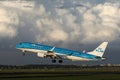 KLM plane took off from airport, cloudy Royalty Free Stock Photo