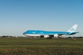 KLM airplane is ready to take off from the runway, Boeing 747-400, KLM royal dutch airlines, runway Polderbaan