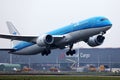 KLM Boeing B787 plane taking off from Amsterdam Airport Schiphol AMS Royalty Free Stock Photo