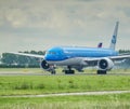 KLM Boeing 777-300 speeding up in Amsterdam Schiphol Royalty Free Stock Photo
