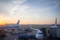 KLM Dutch airlines planes taxxing while a Transavia plane is bording in Amsterdam Schiphol Airport, the hub of KLM carrier Royalty Free Stock Photo