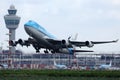 KLM Jumbo Boeing B747 plane taking off from Amsterdam Schiphol Airport AMS Royalty Free Stock Photo