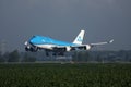 KLM Jumbo Boeing B747 plane landing on Polderbaan, Amsterdam Airport Schiphol AMS Royalty Free Stock Photo