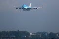 KLM Jumbo Boeing B747 plane landing on Polderbaan, Amsterdam Airport Schiphol AMS Royalty Free Stock Photo