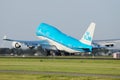 KLM Jumbo Boeing B747 plane taking off from Polderbaan, Amsterdam Airport Schiphol AMS Royalty Free Stock Photo