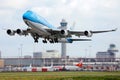 KLM Jumbo Boeing B747 plane taking off from Amsterdam Airport Schiphol AMS Royalty Free Stock Photo
