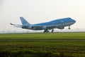 KLM Jumbo Boeing B747 plane landing on Polderbaan, Amsterdam Airport Schiphol AMS Royalty Free Stock Photo