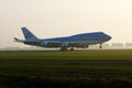 KLM Jumbo Boeing B747 plane landing on Polderbaan, Amsterdam Airport Schiphol AMS Royalty Free Stock Photo