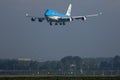 KLM Jumbo Boeing B747 plane landing on Polderbaan, Amsterdam Airport Schiphol AMS Royalty Free Stock Photo